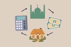 A grayscale illustration of a happy family of four huddled together in front of a yellow house, with a faint city skyline and clouds in the background.