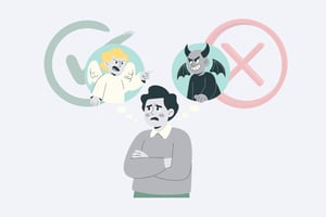 A grayscale illustration of a happy family of four standing together on a street in front of a yellow house. A light blue city skyline and clouds fill the background.