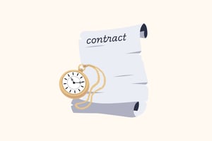 A vector illustration of a coiled golden pocket watch and chain draped over a rolled-up paper scroll titled 'contract', against a light cream background.