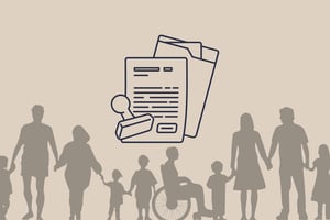 Line art of a stamped document above silhouettes of diverse people and a person in a wheelchair.