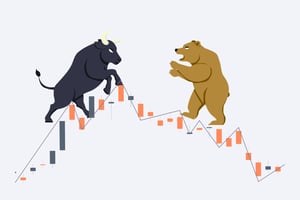 Market: A bull and bear facing off on a fluctuating candlestick stock market graph.