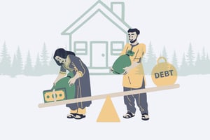 Two people on a seesaw balancing bags of money against a heavy "DEBT" weight.