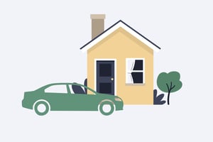 A simple vector illustration of a green car parked in front of a small yellow house.