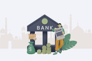 Man reading newspaper leaning against a building that says "bank".