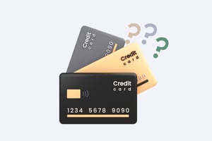 A 3D render of three stacked credit cards in black, gold, and grey with floating question marks.