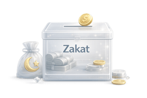 Donation box with money in it- that says "Zakat"
