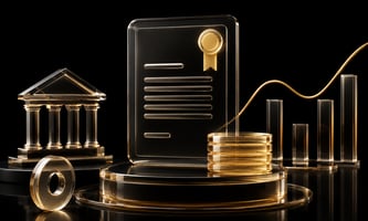 Glossy gold financial assets illuminate against a sleek black background.