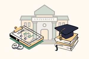 In the foreground, a clipboard with the word "LOAN" and dollar coins sits next to a stack of books and a graduation cap, all in front of a university building.