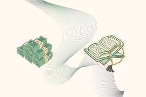 An illustration shows a large stack of paper currency on the left and an open book with a strand of prayer beads and a tassel on the right, all on a pale cream background with flowing grey abstract lines. The bills are in green and beige, and the book is in teal and beige with beige beads and a brown tassel.