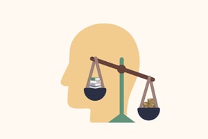 Profile of a head containing a balance scale, weighing a stack of books against a pile of gold coins.