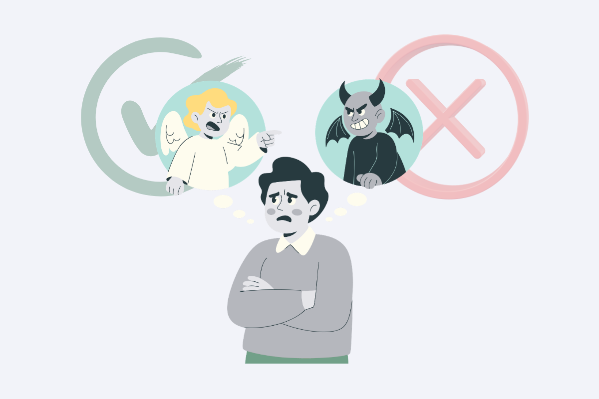 A grayscale illustration of a happy family of four standing together on a street in front of a yellow house. A light blue city skyline and clouds fill the background.