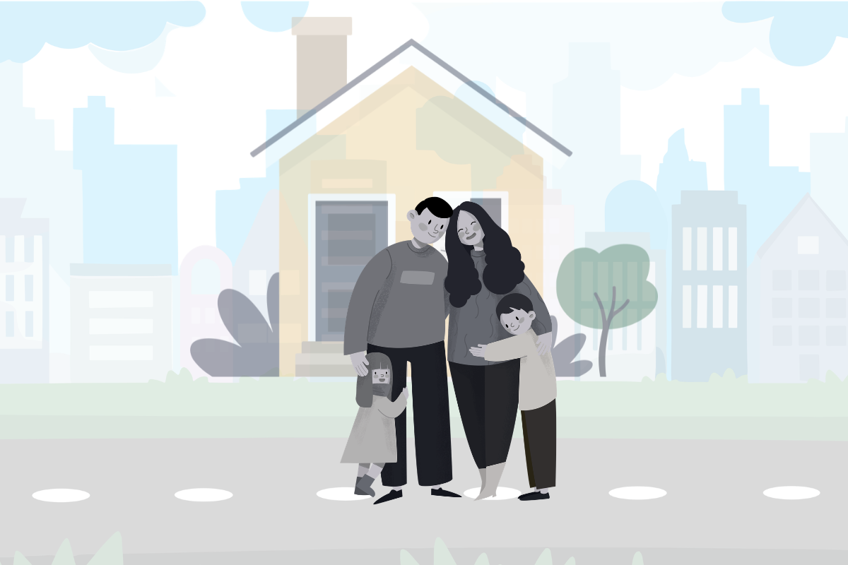 A happy family, rendered in grayscale, stands huddled together on a street in front of their house. The father wears dark trousers and a textured shirt, his arm around his smiling daughter who clings to his leg. He has his other arm around his wife, who has a beautiful patterned dress. She in turn embraces their young son, who stands beside her looking up and smiling. Behind them is a simple yellow-painted house with a dark blue front door and a window, with a chimney and small tree. In the distance is the skyline of a city, with numerous skyscrapers stretching across the horizon under a cloudy sky. The scene is presented in a charming vector art style, full of character.