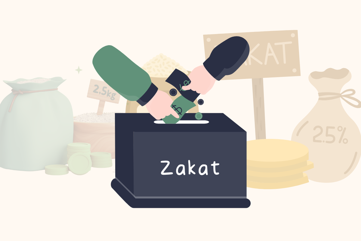 A flat, minimalist illustration representing Zakat. Two hands are shown placing money (bills and coins) into a dark blue donation box labeled "Zakat" in white text. In the background, there are various bags and containers of grain or rice, some labeled with "2.5kg" and "2.5%", along with a stack of gold coins and a wooden sign, symbolizing the traditional methods of charitable giving in Islam.