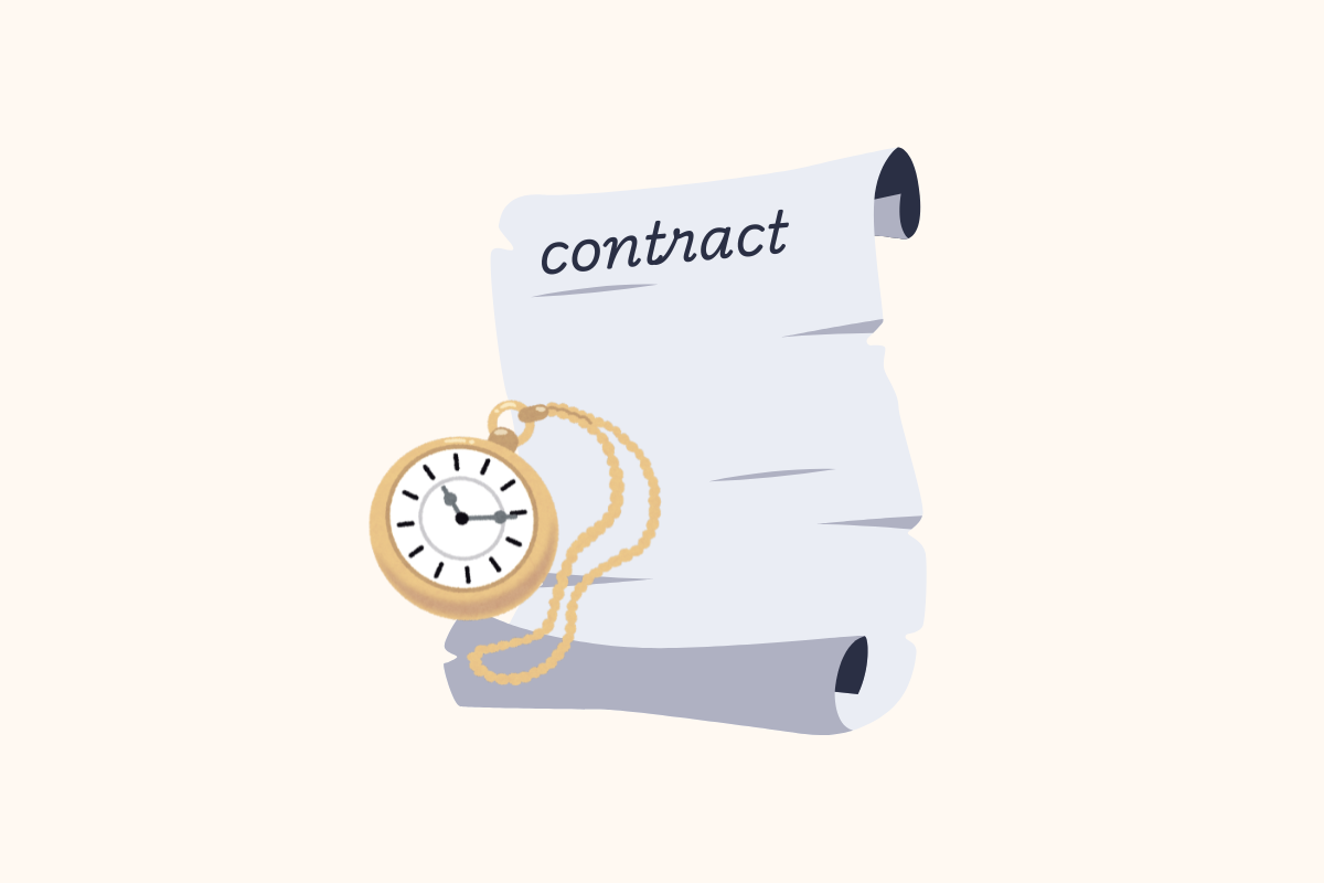 A vector illustration of a coiled golden pocket watch and chain draped over a rolled-up paper scroll titled 'contract', against a light cream background.