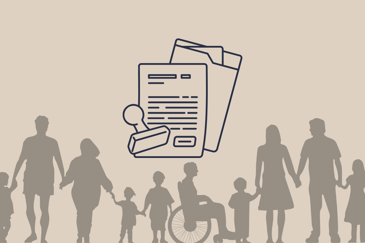 Line art of a stamped document above silhouettes of diverse people and a person in a wheelchair.