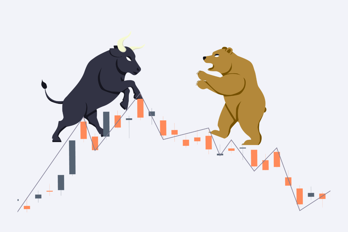 Market: A bull and bear facing off on a fluctuating candlestick stock market graph.