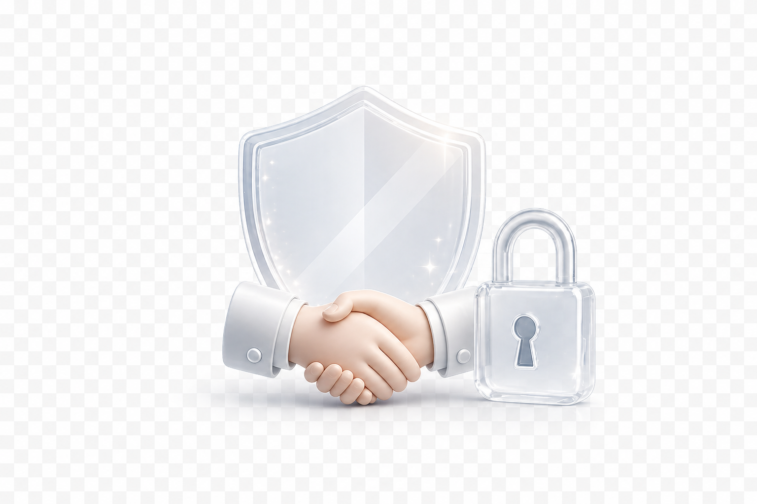 3D illustration of a handshake with a glass shield and padlock.