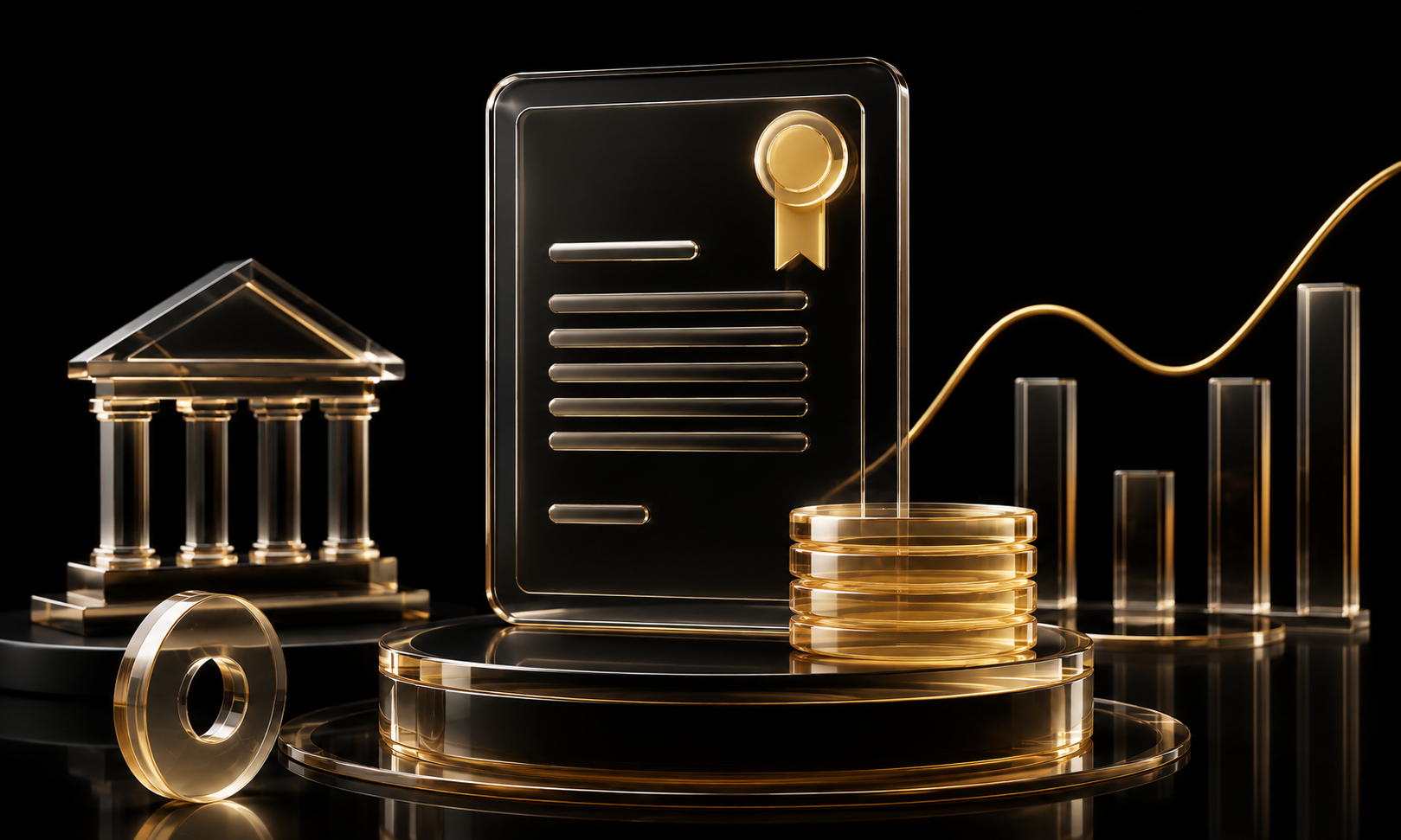Glossy gold financial assets illuminate against a sleek black background.