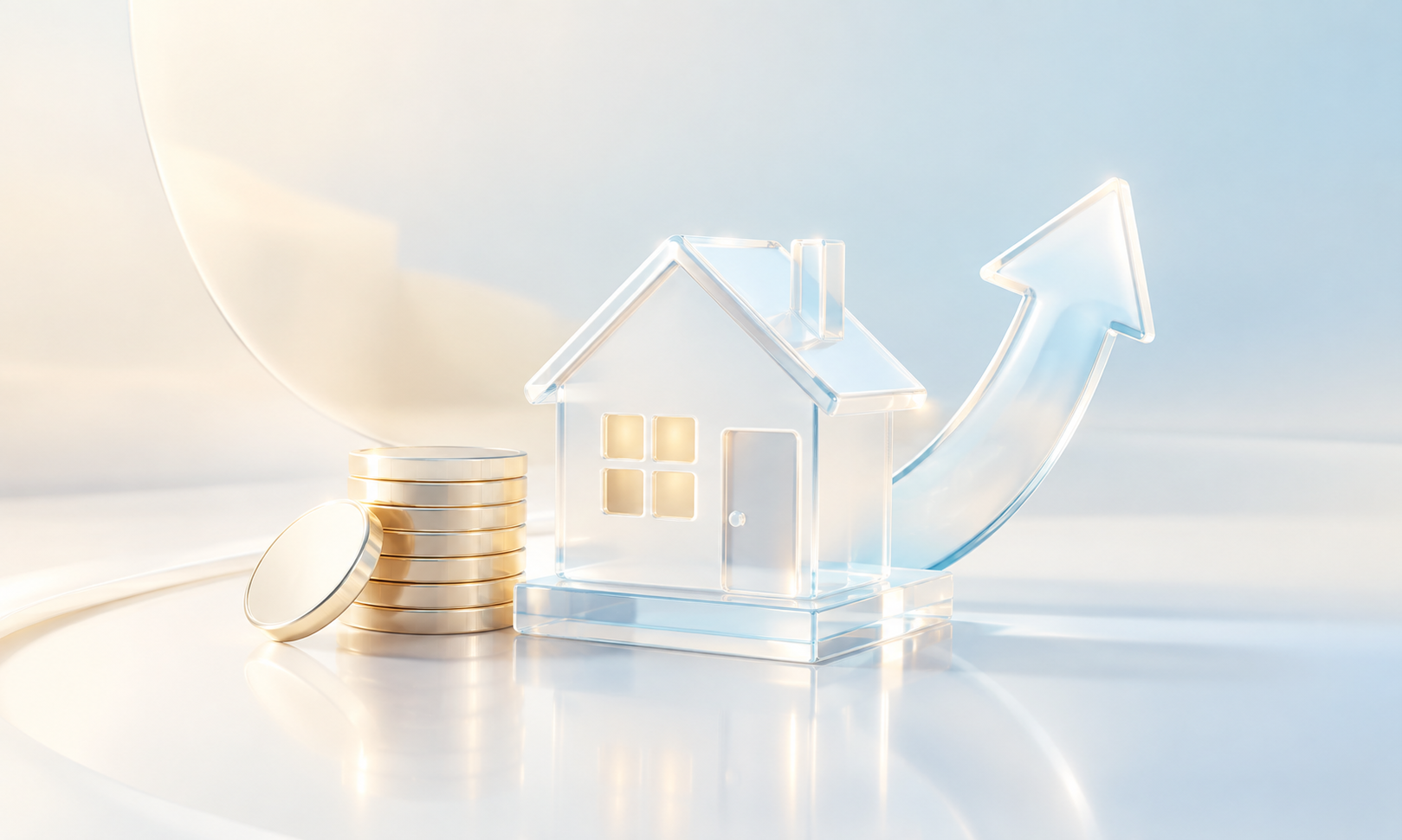 Glass house, rising arrow, and savings coins symbolize homeownership goals.