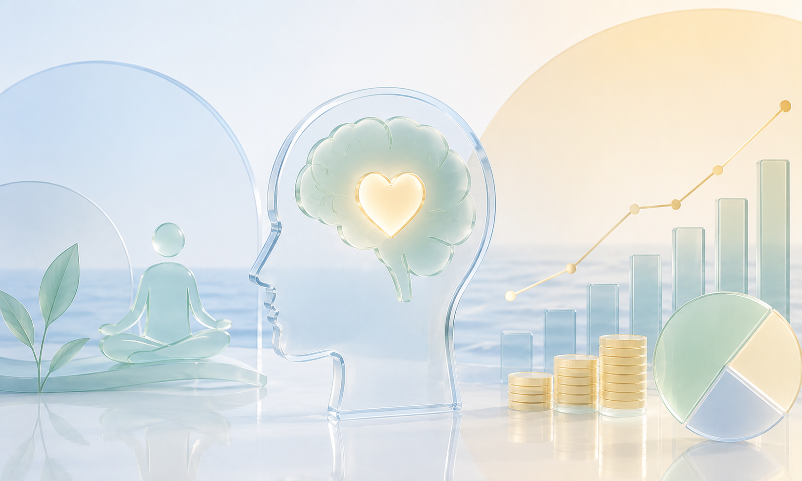Minimalist pastel glass fintech scene balancing mental wellness and financial growth