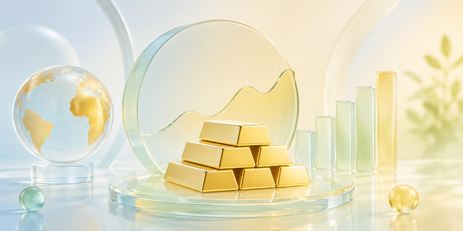 3D-rendered composition focused on the concept of global wealth, market trends, and precious metals.
