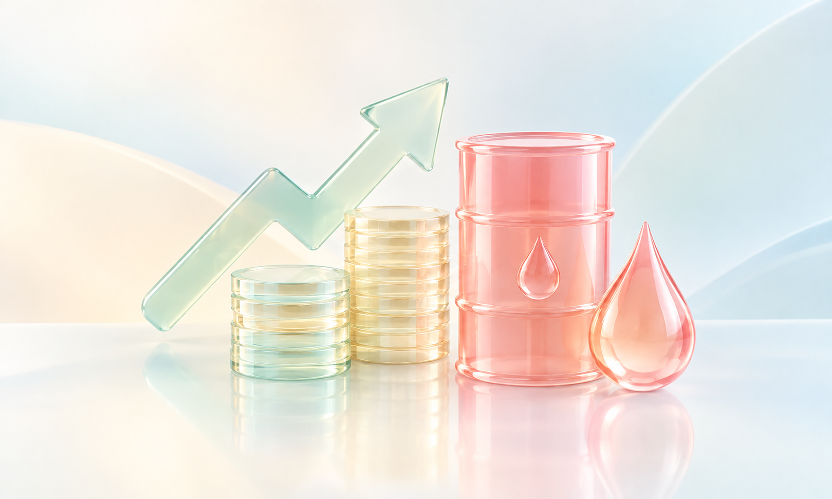 Glossy pastel oil barrel, rising arrow, coins, and droplet symbolize inflation.
