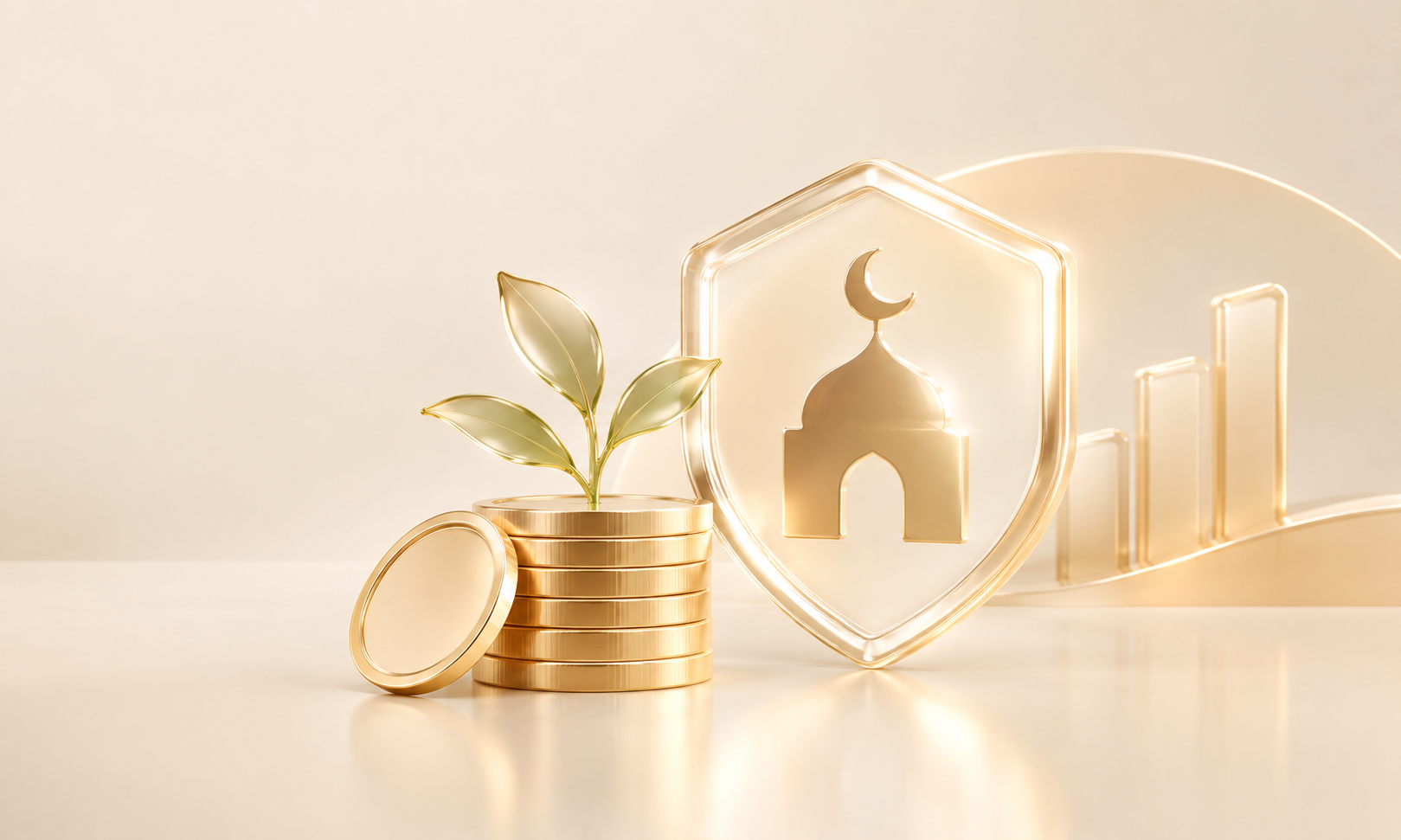 Golden shield, coins, sprout symbolize halal, secure, growing retirement investments