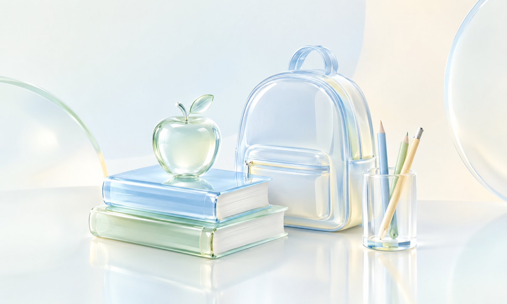 Glossy pastel school essentials create a minimal, futuristic fintech-inspired scene.