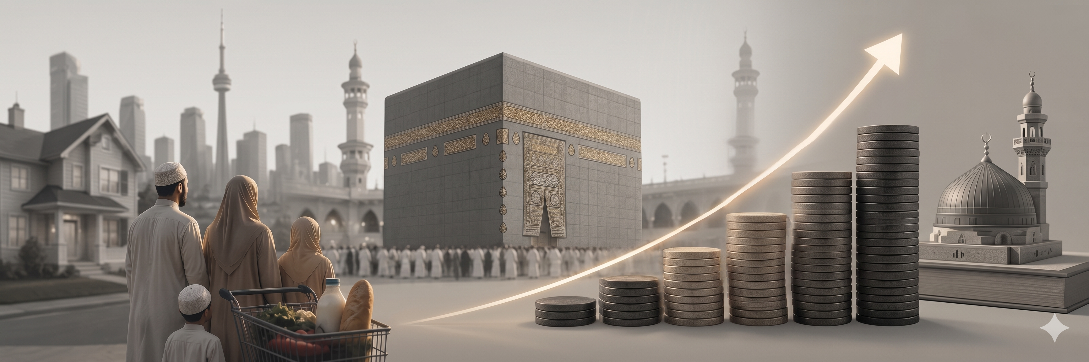 Muslim family views Kaaba alongside rising cost trend graph illustration.